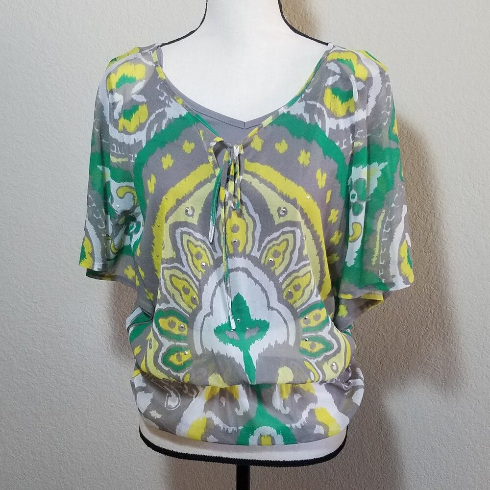 INC International Concepts Tops XS Gray Yellow Green Floral Short Sleeve Shirt
